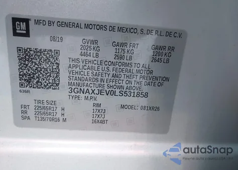 2020 Chevrolet Equinox Fwd 2Fl z USA, uszkodzony, nr VIN 3GNAXJEV0LS531858